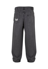 Sorte, vide ben jeans med et slidt patch på baglommen. Lavet af denim med en glat tekstur og med en standard talje.