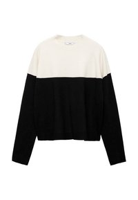 Pull à manches longues avec moitié supérieure blanche et moitié inférieure noire, avec un col rond et un design simple.