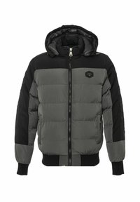 Gewatteerd jack in grijs en zwart met een rits aan de voorkant, capuchon en geribbelde manchetten. Gemaakt van doorgestikt materiaal met een matte afwerking.