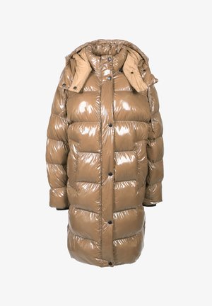 Braune, glänzende Steppjacke mit Kapuze, großen quiltierten Teilen, schwarzen Knöpfen und einem mittellangen Design. Strukturierter, isolierter Stoff.