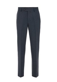 Pantalons ajustés bleu marine en tissu texturé. Comprend une fermeture à bouton, deux poches avant et une coupe droite.
