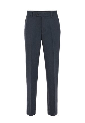 Pantalons ajustés bleu marine en tissu texturé. Comprend une fermeture à bouton, deux poches avant et une coupe droite.
