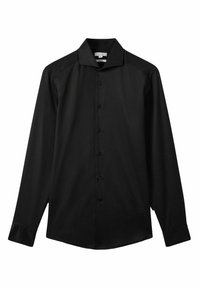 Cămașă neagră cu mânecă lungă dintr-un material neted, având un guler clasic, închidere cu nasturi și manșete cu nasturi. Croială dreaptă, fără modele.