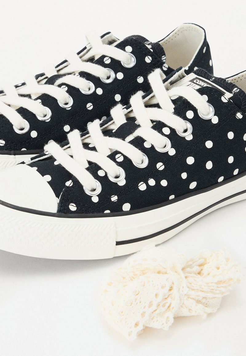 Zapatillas de lona negras con lunares blancos, con cordones blancos, ojetes plateados y una puntera de goma blanca. Incluye un accesorio de cordón blanco.