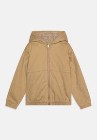 Giacca con cappuccio beige con zip frontale, polsini elastici e tasche laterali. Rivestimento morbido e superficie liscia, con una vestibilità casual.