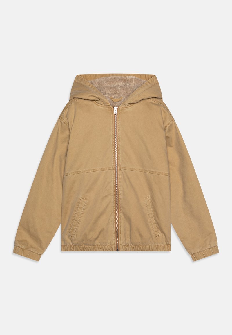 Giacca con cappuccio beige con zip frontale, polsini elastici e tasche laterali. Rivestimento morbido e superficie liscia, con una vestibilità casual.