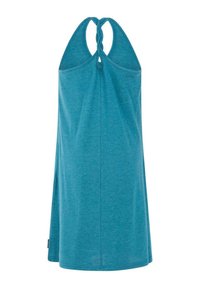 Mouwloze teal halterjurk met een gedraaide band aan de achterkant, gemaakt van zachte, lichte stof.