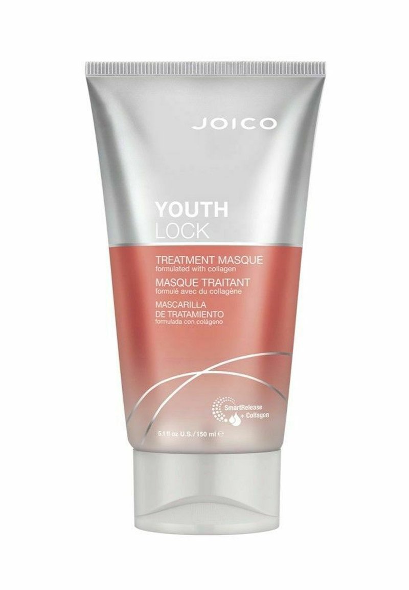 Joico Youth Lock Treatment Masque i en sølv- og ferskenfarvet tube med en buet design, prydet med hvid tekst og et cirkulært logo i bunden.