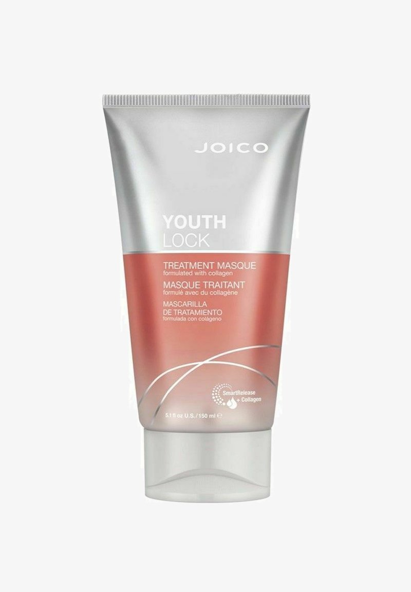 Joico Youth Lock Treatment Masque i en sølv- og ferskenfarvet tube med en buet design, prydet med hvid tekst og et cirkulært logo i bunden.