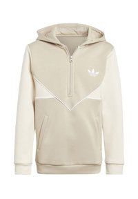 Beige huvtröja med halvdragkedja, vita accenter, diagonal design och känguruficka. Har en liten vit logotyp på bröstet.