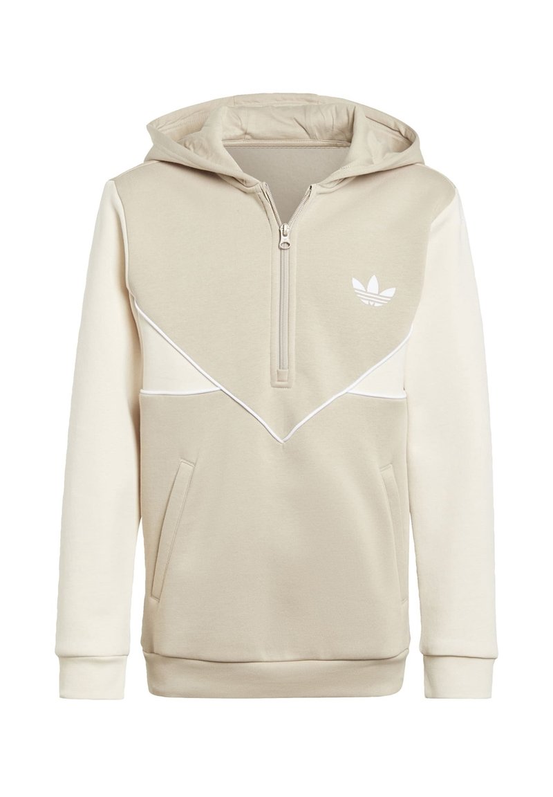 Beige huvtröja med halvdragkedja, vita accenter, diagonal design och känguruficka. Har en liten vit logotyp på bröstet.