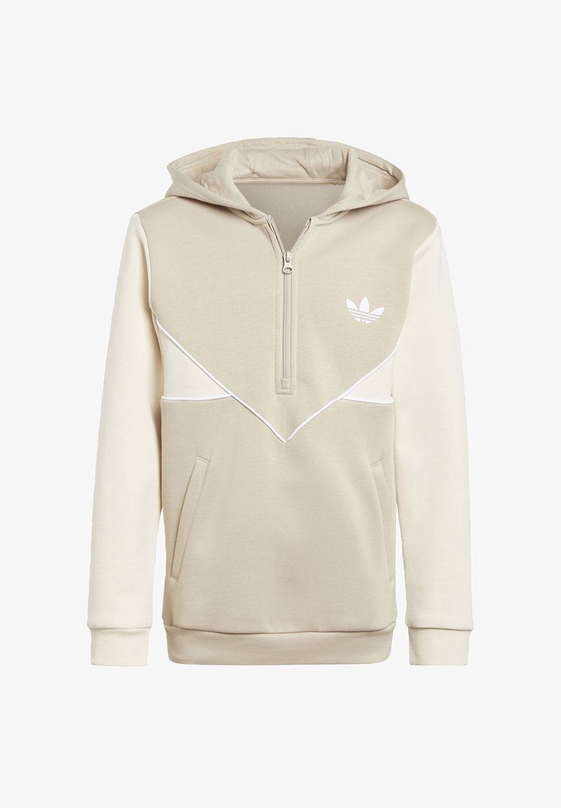 Beige huvtröja med halvdragkedja, vita accenter, diagonal design och känguruficka. Har en liten vit logotyp på bröstet.