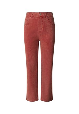 Rote Cordhosen mit geradem Schnitt, mittelhoher Taille, fünf Taschen und sichtbaren Steppnähten. Der Stoff hat ein strukturiertes, geripptes Aussehen.