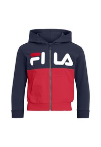 Navy and red fleece zip-up hoodie featuring a large white "FILA" logo on the chest, a hood, and side pockets. Ribbed cuffs and hem.