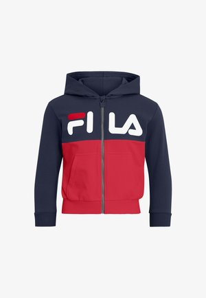 Sudadera con cremallera de forro polar en azul marino y rojo, que presenta un gran logo blanco de "FILA" en el pecho, capucha y bolsillos laterales. Puños y dobladillo acanalados.