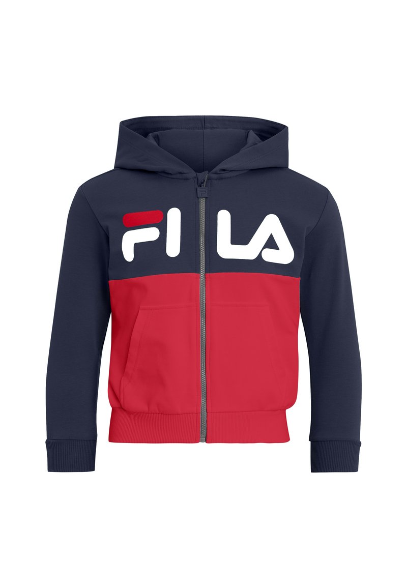 Navy and red fleece zip-up hoodie featuring a large white "FILA" logo on the chest, a hood, and side pockets. Ribbed cuffs and hem.