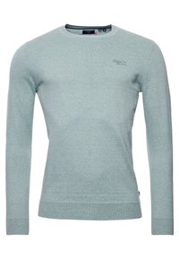 Lichtblauwe trui met lange mouwen, gemaakt van zachte stof. Heeft een ronde hals, geribbelde boorden en een klein logo op de borst.