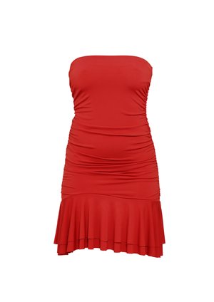 Bezplecu sarkans mini kleita ar drapētiem sāniem un izplestu apakšmalu, pieguļošs caur ķermeni un gurniem.