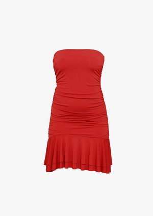 Strapless red mini dress with ruched sides and a flared hem, fitted through the torso and hips.