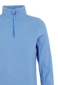 Pullover in pile blu chiaro con mezzo zipper al collo, caratterizzato da un colletto alto e un logo discreto sul petto. Tessuto morbido e vestibilità casual.