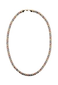 Kovový náhrdelník s propletenými články ve zlaté, stříbrné a růžové zlatě. Hladký povrch s uzavíráním na sponu. Zakřivený, flexibilní design.