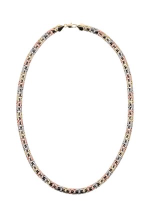 Metalhalssmykke med sammenflettede led i guld, sølv og rosaguld. Glat overflade med lås. Bøjet, fleksibel design.