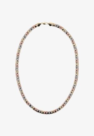 Metalowa naszyjnik z plecionymi ogniwami w kolorze złotym, srebrnym i różowego złota. Gładka powierzchnia z zapięciem. Wyprofilowany, elastyczny design.
