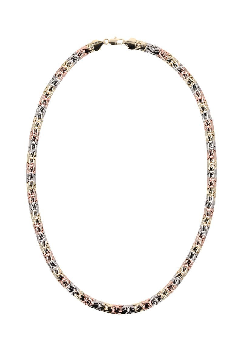 Kovový náhrdelník s propletenými články ve zlaté, stříbrné a růžové zlatě. Hladký povrch s uzavíráním na sponu. Zakřivený, flexibilní design.