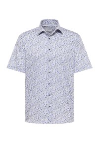 Camicia a maniche corte bianca con un motivo floreale blu e verde. Presenta una chiusura con bottoni e un colletto standard. Tessuto leggero.