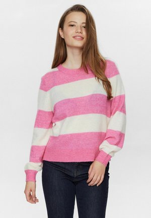 Gestreepte trui in roze en wit, gemaakt van zacht materiaal. Voorzien van geribbelde manchetten en een ronde halslijn. Comfortabele pasvorm, middellange lengte.