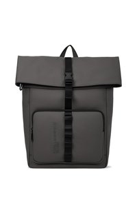 Σακίδιο ρολού σε ματ γκρι υλικό, που διαθέτει περιφερειακή τσέπη με φερμουάρ, ρυθμιζόμενο μαύρο λουρί και λεπτομέρεια λογότυπου ανάγλυφη στην τσέπη.