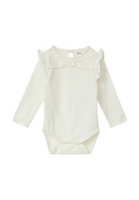 Biały body niemowlęce z długim rękawem, z falbankami na ramionach, z otworem na plecach zapinanym na guzik oraz zatrzaskiem na dole. Wykonane z miękkiej bawełny.