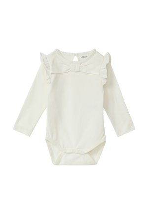 Biały body niemowlęce z długim rękawem, z falbankami na ramionach, z otworem na plecach zapinanym na guzik oraz zatrzaskiem na dole. Wykonane z miękkiej bawełny.