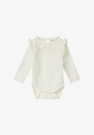 Biały body niemowlęce z długim rękawem, z falbankami na ramionach, z otworem na plecach zapinanym na guzik oraz zatrzaskiem na dole. Wykonane z miękkiej bawełny.