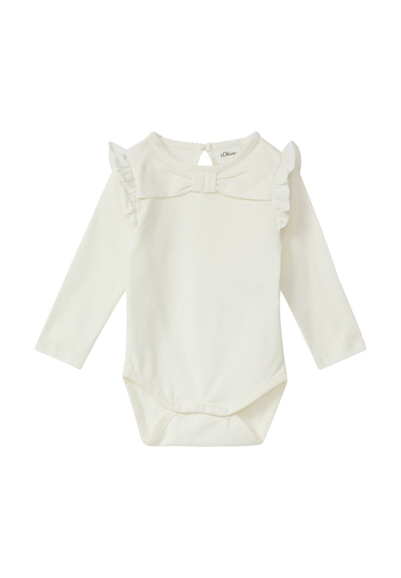 Biały body niemowlęce z długim rękawem, z falbankami na ramionach, z otworem na plecach zapinanym na guzik oraz zatrzaskiem na dole. Wykonane z miękkiej bawełny.