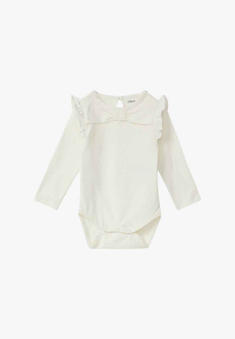 Biały body niemowlęce z długim rękawem, z falbankami na ramionach, z otworem na plecach zapinanym na guzik oraz zatrzaskiem na dole. Wykonane z miękkiej bawełny.