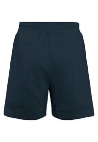 Shorts décontractés bleu marine avec une large ceinture et des ourlets retroussés, vus de dos.
