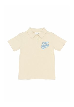 Beige polo shirt with collar, short sleeves, featuring blue embroidered text "Ciao Bella" on the front. Smooth texture, classic fit.