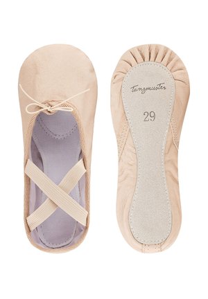 Ballet shoes in soft beige leather with elastic cross straps, rounded toe, and a gathered heel. Features textured insole and printed brand name.