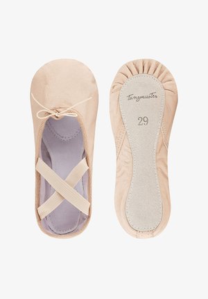 Ballettschuhe aus weichem beigen Leder mit elastischen Kreuzriemen, runder Spitze und gerafftem Fersenbereich. Mit strukturiertem Fußbett und aufgedrucktem Markennamen.