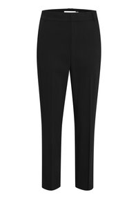 Mustat räätälöidyt housut suoran istuvuuden omaavina, joissa on sileä pinta, vyötärö ja ilman näkyviä koristeluja tai kuvioita.