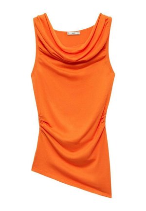 Oranje mouwloos topje met een cowl halslijn, met gerimpeld detail aan één kant en een soepel, stretchstof. Asymmetrisch ontwerp van de zoom.