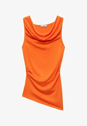 Oranje mouwloos topje met een cowl halslijn, met gerimpeld detail aan één kant en een soepel, stretchstof. Asymmetrisch ontwerp van de zoom.