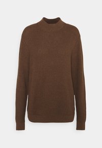 Felpa marrone lavorata a maglia con collo alto, maniche lunghe, texture a coste e orlo aderente. Design semplice e uniforme, senza fantasie né accenti.