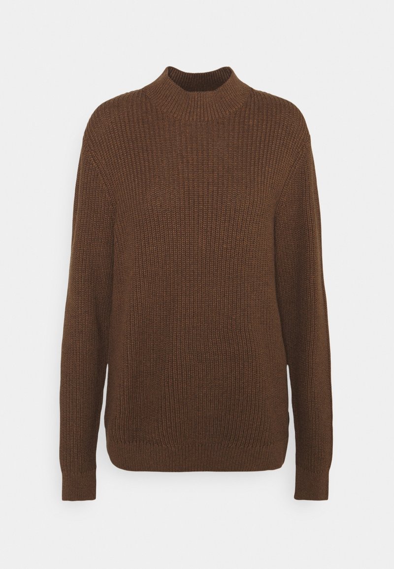 Felpa marrone lavorata a maglia con collo alto, maniche lunghe, texture a coste e orlo aderente. Design semplice e uniforme, senza fantasie né accenti.