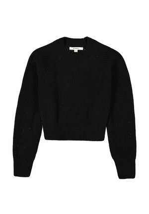 Pull noir tricoté à manches longues, court, avec poignets, ourlet et encolure ronde côtelés.