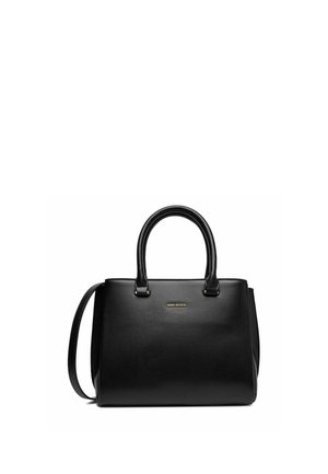 Schwarze Lederhandtasche mit zwei oberen Griffen, abnehmbarem Schulterriemen und goldenem "GINO ROSSI"-Logo in der Mitte vorne.