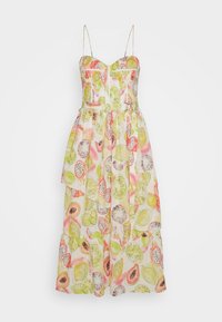 Robe bustier avec un imprimé fruité coloré en nuances de vert, rose et jaune. Confectionnée dans un tissu léger avec un corsage ajusté.