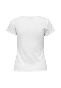 Witte top met korte mouwen, voorzien van een getextureerd geribd patroon en geschulpte randen. Heeft een ronde halslijn en een aansluitende pasvorm.