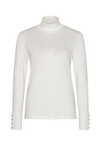 Hvid turtleneck langærmet top lavet af blødt stof, med knapdetaljer på manchetterne og en tætsiddende silhuet.